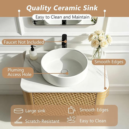 24 Inch Modern Bathroom Vanity with Ceramic Sink, Floating Bathroom Vanity Cabinet with Sintered Stone Top&Solid Wood Hammered Frame, Single Sink Bathroom Vanities w/Soft-Close Drawers,Natural