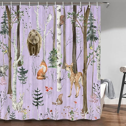 JAWO Rustic Forest Shower Curtains, Lodge Cabin Woodsy RV Shower Curtain, Wildlife Animals Woodland Campers Camping Bathroom Set with Hooks, 72X78 Inch, Purple