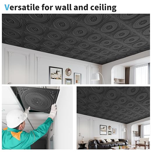 Art3d 12-Pack 2 x 2 ft Drop Ceiling Tiles for Interior Decor, Black | PVC, Waterproof, Lightweight, Shatterproof, Anti-Fade, Compatible with Grid System, Ideal for Kitchen, Bathroom, Basement