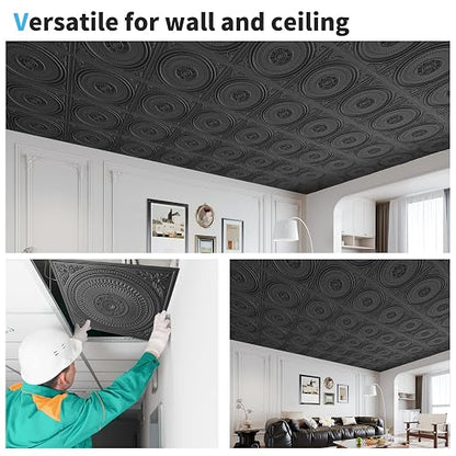 Art3d 12-Pack 2 x 2 ft Drop Ceiling Tiles for Interior Decor, Black | PVC, Waterproof, Lightweight, Shatterproof, Anti-Fade, Compatible with Grid System, Ideal for Kitchen, Bathroom, Basement