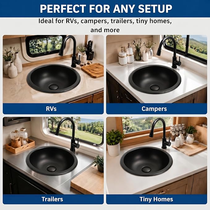 LQS 13 x 13 Inch Round RV Sink, Black Bar Sink, Stainless Steel Drop-In | Small RV Sink For Camper Kitchens Or Bathrooms; Compact RV Bathroom Sink With 5.31-Inch Bowl And Drain Assembly Included