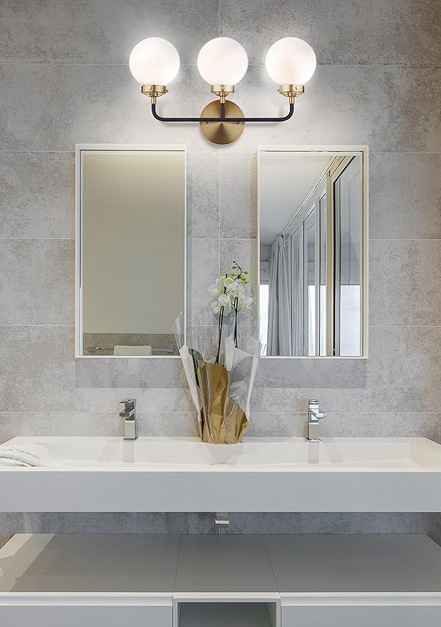 JONATHAN Y 22" Brass Gold/Black/White 3-Light LED Wall Sconce Vanity Lighting, Clear Glass Globe Shade Modern Contemporary Sconce for Bathroom Mirror, Hallway, UL Listed (JYL9058B)