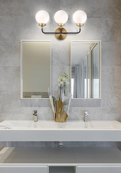 JONATHAN Y 22" Brass Gold/Black/White 3-Light LED Wall Sconce Vanity Lighting, Clear Glass Globe Shade Modern Contemporary Sconce for Bathroom Mirror, Hallway, UL Listed (JYL9058B)