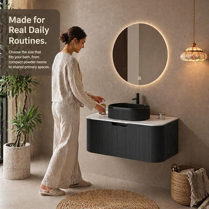 36 Inch Bathroom Vanity with Sink, Floating Wall Mounted Single Sink Vanity, Black Curved Fluted Front, Stone Top, Black Textured Oval Vessel Basin, Pre-Assembled