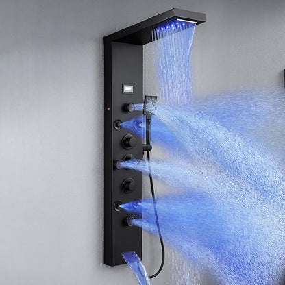 POPFLY 6 In 1 LED Shower Panel Tower System, 8 Body Massage Jets, Stainless Steel Wall Mount Rainfall ＆ Waterfall Shower Column Towers with Temperature Display, Tub Spout, Matt Black