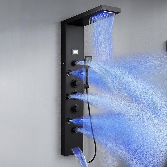 POPFLY 6 In 1 LED Shower Panel Tower System, 8 Body Massage Jets, Stainless Steel Wall Mount Rainfall ＆ Waterfall Shower Column Towers with Temperature Display, Tub Spout, Matt Black