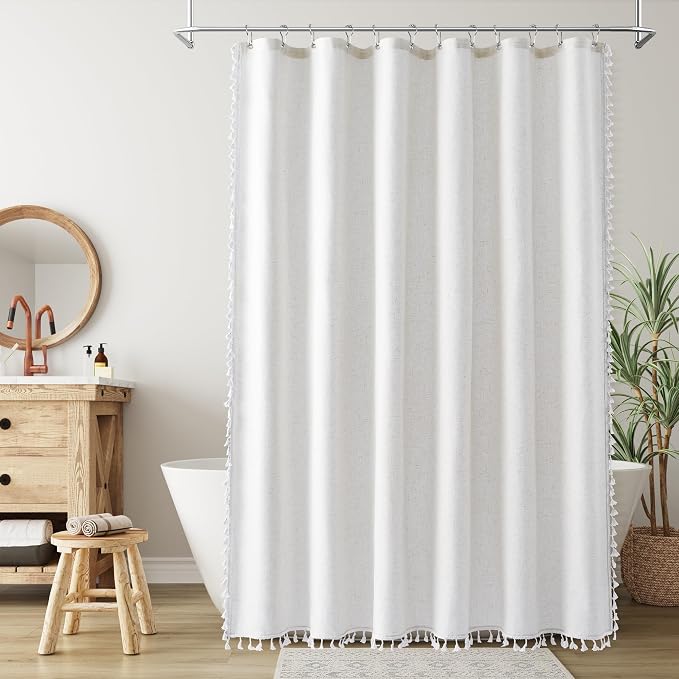 Extra Long Beige White Boho Linen Shower Curtain 84 Inch Weighted Tassel Farmhouse Solid Fabric Shower Curtain Set with Hooks Vintage Country Aesthetic Style Decor for Bathroom 72x84