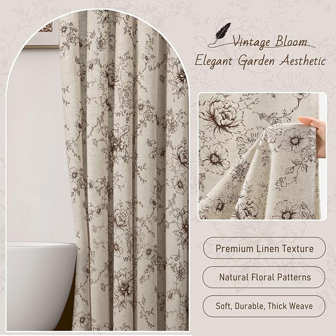 Farmhouse Floral Linen Shower Curtain, Vintage Brown Pattern Rustic Shower Curtains for Bathroom, Tan Taupe,72x72