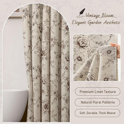Farmhouse Floral Linen Shower Curtain, Vintage Brown Pattern Rustic Shower Curtains for Bathroom, Tan Taupe,72x84