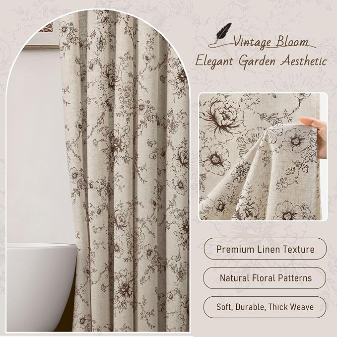 Farmhouse Floral Vintage Shower Curtain for Bathroom, Brown and Tan Taupe | 72" W x 78" L, Fall Elegant Boho Pattern Bath Curtain, Linen Fabric