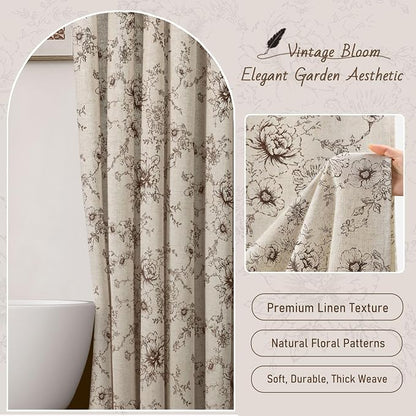 Farmhouse Floral Vintage Shower Curtain for Bathroom, Brown and Tan Taupe | 72" W x 78" L, Fall Elegant Boho Pattern Bath Curtain, Linen Fabric