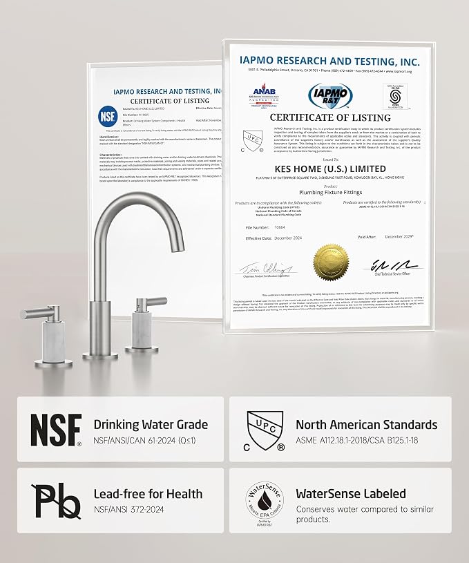 KES Natural Italian Carrara Marble Brushed Nickel Bathroom Faucet 3 Hole with All Metal Pop Up Sink Drain, 8 Inch Widespread Bathroom Sink Faucet for Vanity, 360° Swivel Spout, 18/8 Stainless Steel