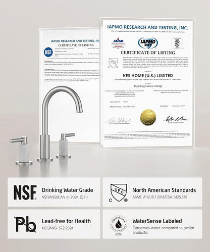 KES Natural Italian Carrara Marble Brushed Nickel Bathroom Faucet 3 Hole with All Metal Pop Up Sink Drain, 8 Inch Widespread Bathroom Sink Faucet for Vanity, 360° Swivel Spout, 18/8 Stainless Steel