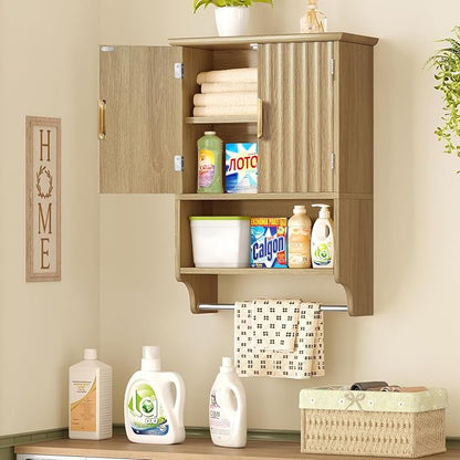TEENFON Fluted Bathroom Wall Cabinet with Adjustable Shelves and Towel Rack, Wall Mounted Over The Toilet Storage Organizer for Bathroom, Living Room, Natural