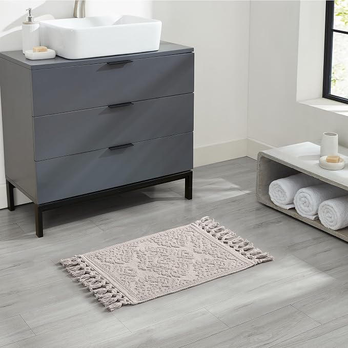 Jean Pierre - Ricardo Bath Mat, Woven Fringe Bathroom Rugs, 100% Cotton, Premium Bathroom Decor - Measures 17" x 31" - Light Gray