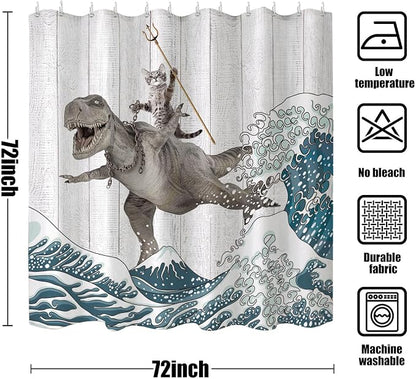 Fungarth Funny Cat Shower Curtain Dinosaur Ocean Sea Wave Shower Curtains for Bathroom Cool Waterproof Fabric Rustic Wooden Farmhouse Bath Curtain Decor with Hooks (Gray1, 72” x 72”)