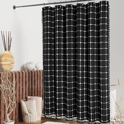 MitoVilla Black Boho Shower Curtains for Modern Farmhouse Bathroom Decor, Vintage Country Thick Polyester Linen Fabric Shower Curtain, Rustic Tassel Cloth Shower Curtain, 72 x 72