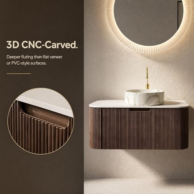 36 Inch Bathroom Vanity with Sink, Floating Wall Mounted Single Sink Vanity, Dark Walnut Curved Fluted Front, Stone Top, Marble-Look Round Vessel Basin, Pre-Assembled