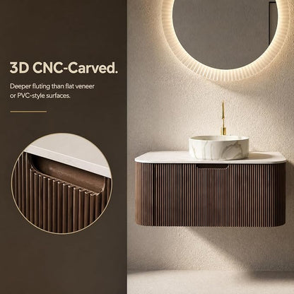 36 Inch Bathroom Vanity with Sink, Floating Wall Mounted Single Sink Vanity, Dark Walnut Curved Fluted Front, Stone Top, Marble-Look Round Vessel Basin, Pre-Assembled