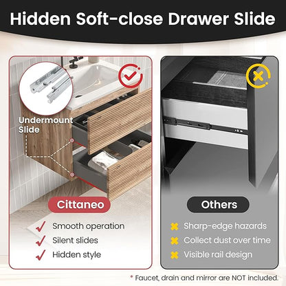 24" Floating Bathroom Vanity with Sink, Modern Wall Mounted Floating Vanity with Ceramic Sink, Double Soft-Close Drawers for Small Space, Apartment, Rough Oak