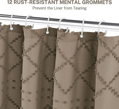 Siiluminisoy Extra Long Boho Farmhouse Shower Curtain - Woven Fabric Khaki 84 Inch, 72 x 84 Tufted Chevron Textured Striped Modern Minimalist Cloth for Bathroom