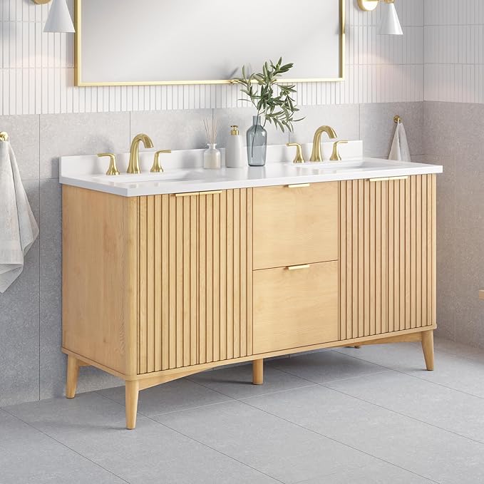 OVE Decors Indy 60 in. Undermount Double Sink Bathroom Vanity with White Engineered Marble Top, Rustic Ash