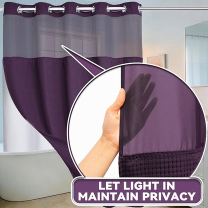 Conbo Mio Extra Long No Hook Waffle Weave Shower Curtain with Snap in Liner Set, Hotel Luxury Purple Shower Curtains for Bathroom with See Through Top Window, Waterproof, Washable 71W x 84H