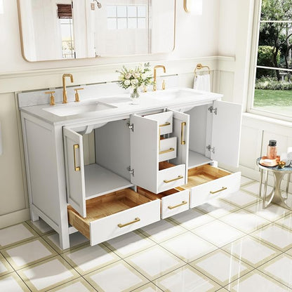 60-Inch Bathroom Vanity with Sink, 4 Soft-Close Doors and 6 Soft-Close Drawers, Bathroom Freestanding Vanity with Cultured Marble Countertop, White Vanity W/Gold Handles