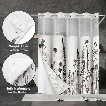 Americanflat 72x75 Hookless Shower Curtain - Water-Resistant Floral Shower Curtain with Sheer Panel, Snap-in Liner, and Grommets - 100% Polyester - Botanical Bathroom Curtains - Black, Pink and White