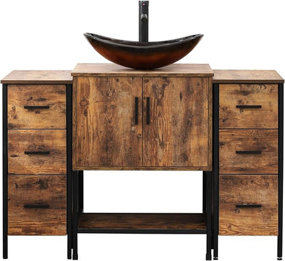 UEV 48" Rustic Brown Bathroom Vanity with Sink Combo,Industrial Iron Frame Bathroom Cabinet Sets with Doulbe 3 Drawers Side Cabinet,Modern Brown Boat Tempered Glass Vessel Sink(029BR)