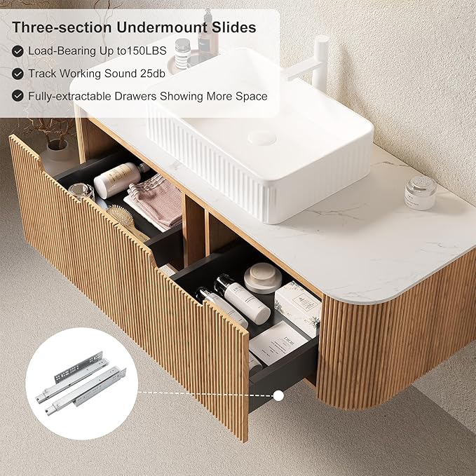 48" Bathroom Vanity with Sink, Floating Plywood Bathroom Vanities with Rectangular Ceramic Basin and Marble Top, 2 Large Soft-Closing Storage Drawers, Pre-Assembled Cabinet, Nature Wood