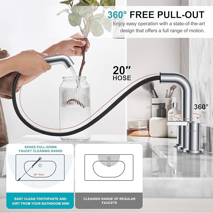 KENES Pull Down Bathroom Faucet with Sprayer, Chrome 8 Inch 2 Handle Widespread Bathroom Faucet 3 Hole with Pull Out Sprayer, Vanity Faucet with Pop Up Drain & Supply Lines LJ-9058A-5