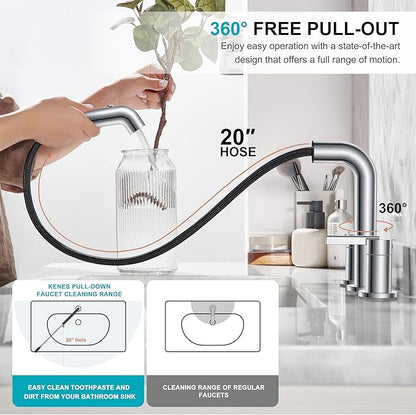 KENES Pull Down Bathroom Faucet with Sprayer, Chrome 8 Inch 2 Handle Widespread Bathroom Faucet 3 Hole with Pull Out Sprayer, Vanity Faucet with Pop Up Drain & Supply Lines LJ-9058A-5