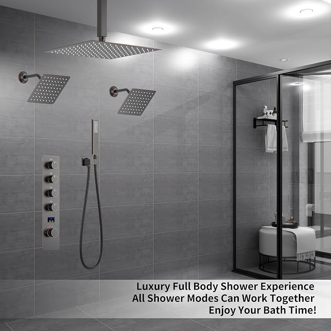 Oil Rubbed Bronze Shower System with 3 Rain Shower Head(12+8+8 inch), Handheld Spray, 4 Way Smart Temperature Display Shower Faucet set