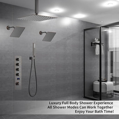 Oil Rubbed Bronze Shower System with 3 Rain Shower Head(12+8+8 inch), Handheld Spray, 4 Way Smart Temperature Display Shower Faucet set