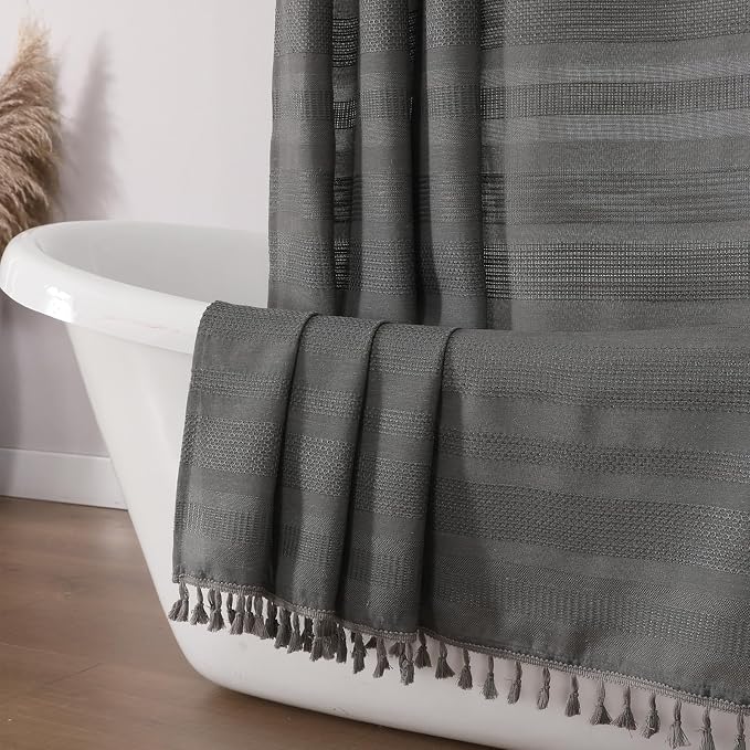 Boho Shower Curtain 72 Inch Long, Modern Farmhouse Rustic Striped Tassel Fabric Shower Curtain for Bathroom, Heavy Duty Vintage Country Bathroom Decoration, 72Wx72L Inches, Charcoal Grey
