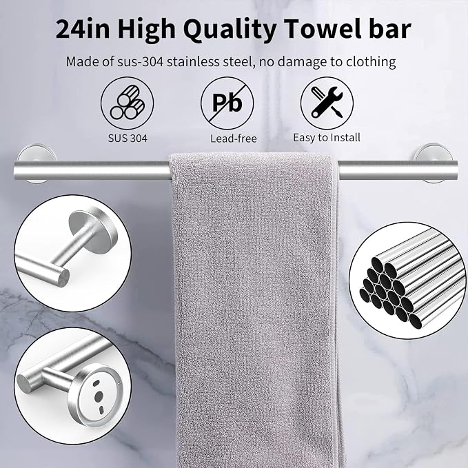 Newfun 10-Pieces Brushed Nickel Bathroom Hardware Set 24 Inch | Includes 24 Inch Towel Racks for Bathroom Wall Mounted, Toilet Paper Holder, Towel Hooks, Towel Rings for Bathroom Wall