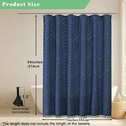 Extra Long Dusty Blue Boho Shower Curtain, Chic Tufted Chevron Striped Textured Fabric Cloth Shower Curtains with Tassel for Bathroom, Soft Hotel Style Farmhouse, Machine Washable, 72x84