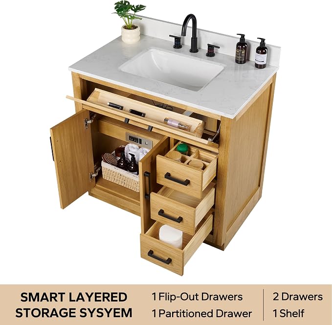 36-inch Natural Oak Bathroom Vanity with Sink, Solid Wood, 0.79-inch Stone Countertop and Backsplash, 4 Drawers, 2 Soft Closing Doors