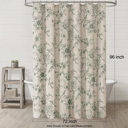 Farmhouse Floral Linen Shower Curtain, Vintage Green Pattern Rustic Shower Curtains for Bathroom, 72x96 Extra Long