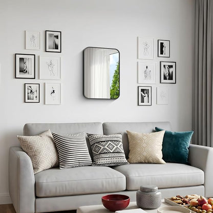 BONEWEI 16x20 inch Bathroom Mirror,Black Rectangle Mirror,Wall Mounted Bathroom Frame Vanity Mirror with Round Corner for Bedroom Living Room,Entryway Hangs Horizontal or Vertical