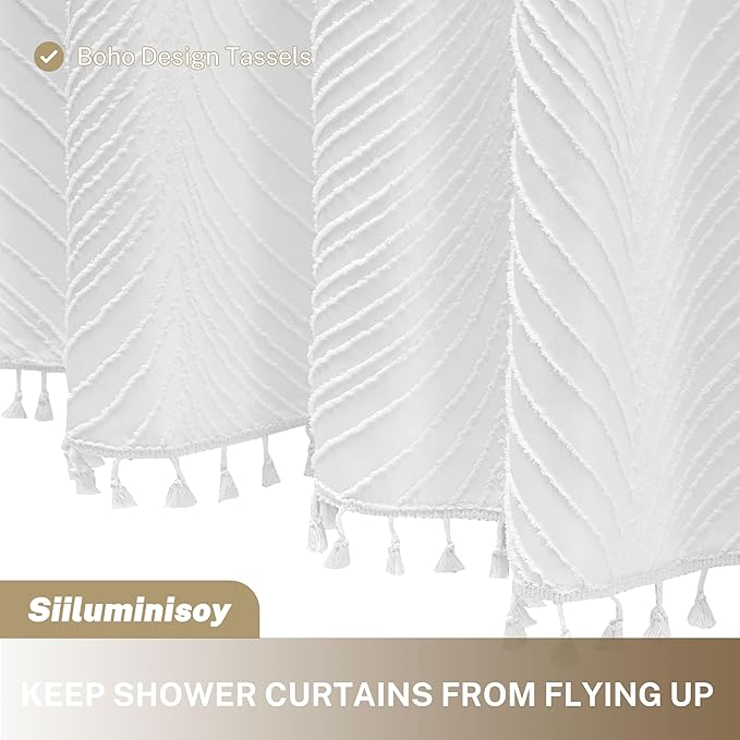 White Boho Shower Curtain Fabric - 72"x72" White Cloth Shower Curtain with 12 C-Hooks, Elegant Cute Textured Bathroom Shower Curtains Boho Chic