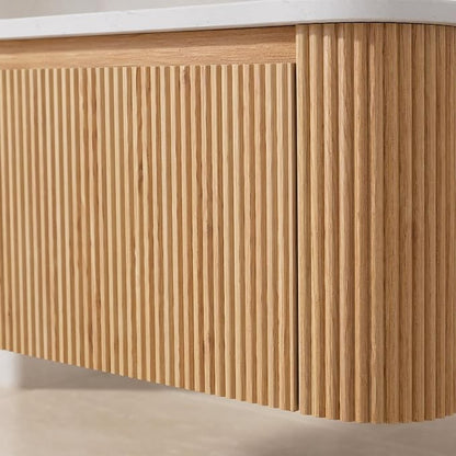 36 Inch Wall Mounted Bathroom Vanity with Ceramic Sink, Pre-Assembled Floating Vanity Cabinet with Cararra Artificial Countertop, Wave Texture Finish & Drawer, Wood