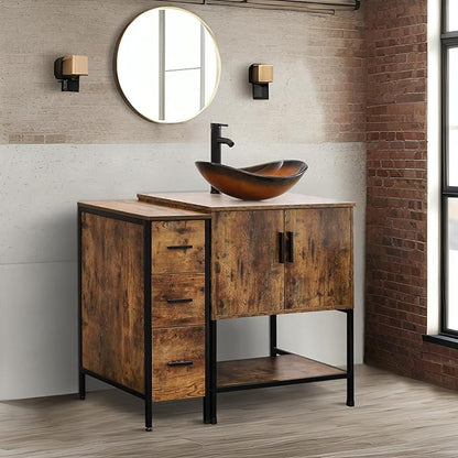 UEV 42" Rustic Brown Bathroom Vanity with Sink Combo,Industrial Iron Frame Bathroom Cabinet Sets with 3 Drawers Side Cabinet,Modern Brown Boat Tempered Glass Vessel Sink(029BR)