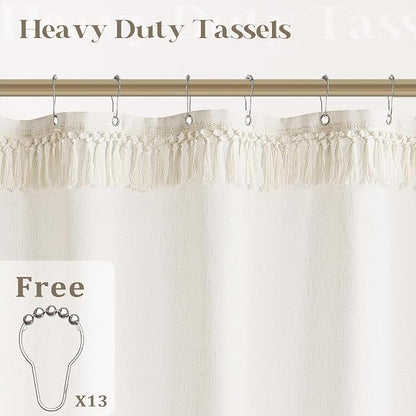 Cream Shower Curtain with Top Tassels Water Repellent 72x96 Inch | Extra Tall, Natural Ivory, Linen Shower Curtains 96 Inch Long, Farmhouse Rustic Country Elegant, Bathroom Cloth Fabric Drapes