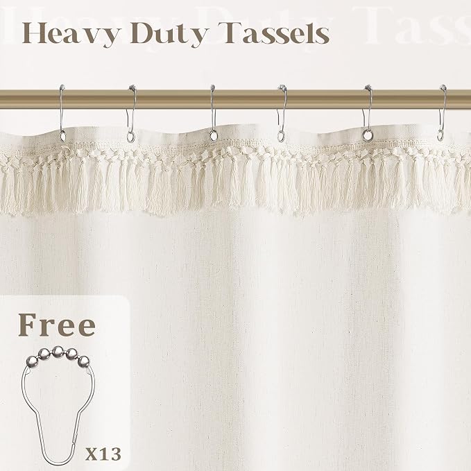 Cream Shower Curtain with Top Tassels Water Repellent 72x72 Inch | Boho Farmhouse Natural Elegant Aesthetic, Shower Curtains, Linen, Ivory, for Bathroom Decor, with Hooks Sets, 72 x 72 Inches