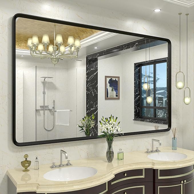 60x36 Black Matte Bathroom Mirror | Large Metal Framed, Black Vanity Wall Mirror, Rounded Rectangle Mirror, Anti-Rust, Shatterproof (Horizontally/Vertically)