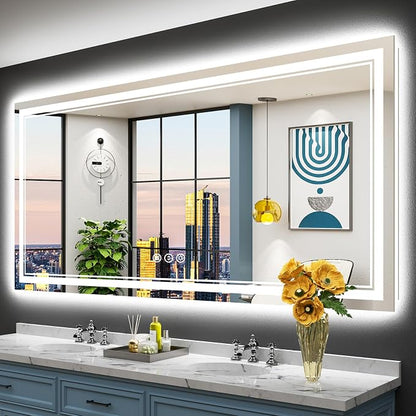77x36 LED Bathroom Mirror, Backlit & Front Lit Lighted Mirror | Anti-Fog Vanity Mirror with Lights, 3 Color Dimmable, Memory, Shatterproof, Tempered Glass, CRI95, UL Listed, Wall Mounted