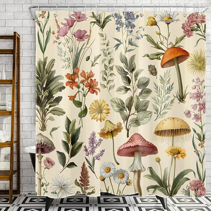 Retro Mushroom Floral Shower Curtain for Bathroom, Boho Botanical Witchy Bathroom Curtains Set Farmhouse Wildflower Aesthetics Shower Curtain with Hooks, 72W X 78L Inches