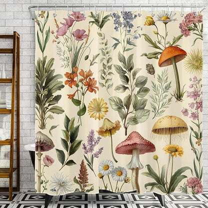 Retro Mushroom Floral Shower Curtain for Bathroom, Boho Botanical Witchy Bathroom Curtains Set Farmhouse Wildflower Aesthetics Shower Curtain with Hooks, 72W X 78L Inches